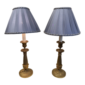 Vintage Louis XVI Style Bronze Lamp With Pleated Blue Fabric Shade