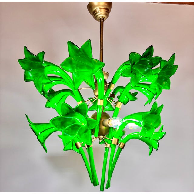 Glass Vintage Italian Green Murano Style Hand Painted Lily Flower Chandelier Flush Mount For Sale - Image 7 of 13