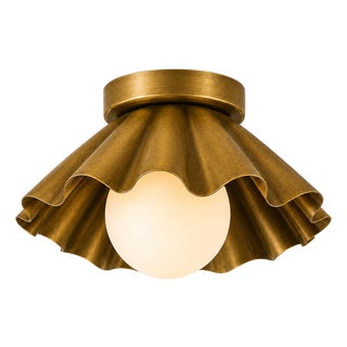 Handcrafted Solid Brass Scalloped Flush Mount Ceiling Light With Opal Glass Globe For Sale