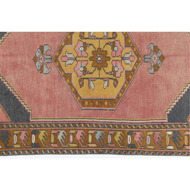 Vintage Anatolian Geometric Medallion Rug - Handwoven Turkish Pink & Mustard Vintage Rug -3' X 6' For Sale - Image 10 of 11