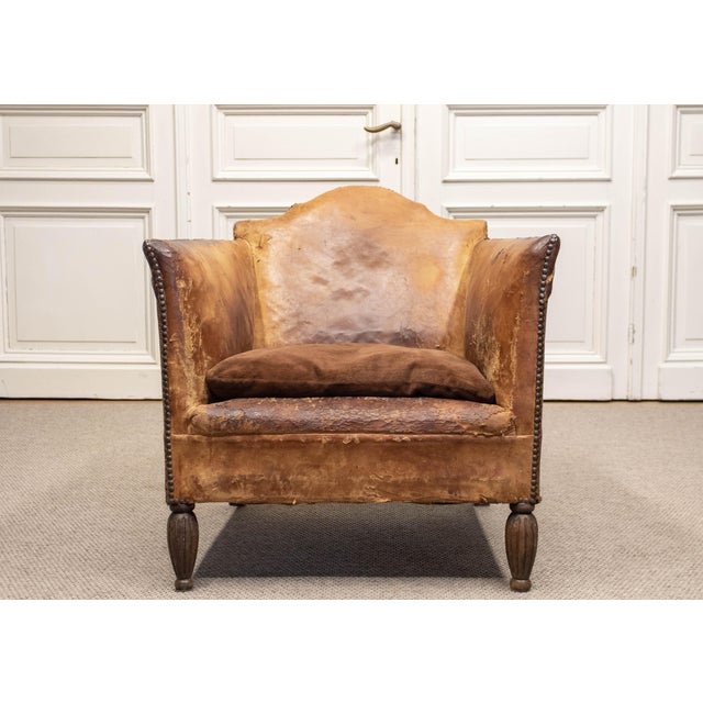 1920s French Sheep Leather and Velvet Lounge Chair in the style of Louis Chambry, 1920s For Sale - Image 5 of 12