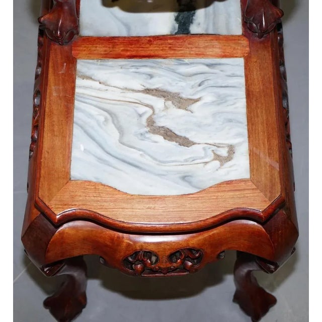 Chinese Hand-Carved Hardwood & Marble Side Tables with Claw and Ball Feet, Set of 2 For Sale - Image 9 of 18