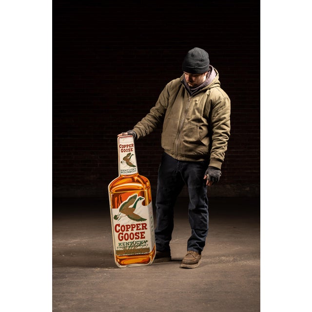 Mid 20th Century Vintage Double-Sided Copper Goose Bourbon Figural Bottle Advertising Sign For Sale - Image 5 of 8