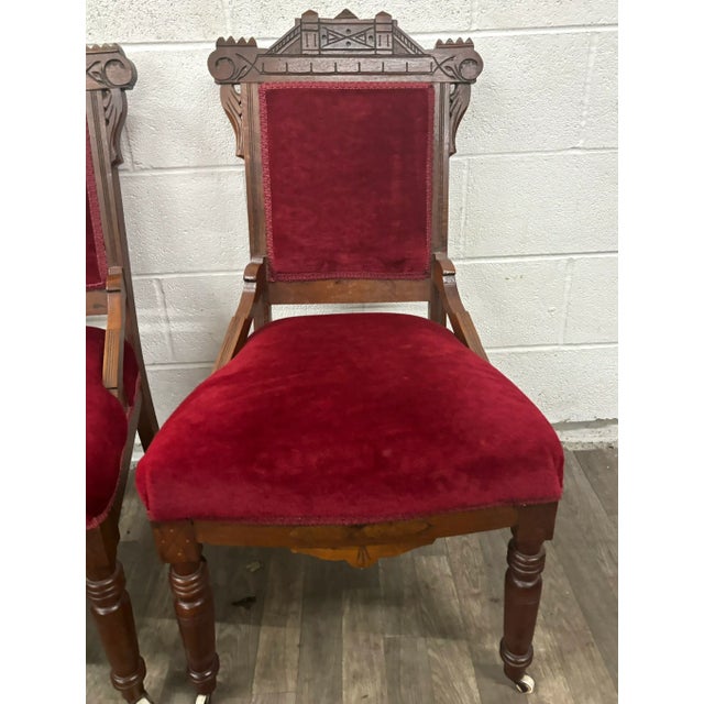 Antique 19th Century Victorian Eastlake Crushed Red Velvet Parlor Side Chairs For Sale - Image 4 of 10