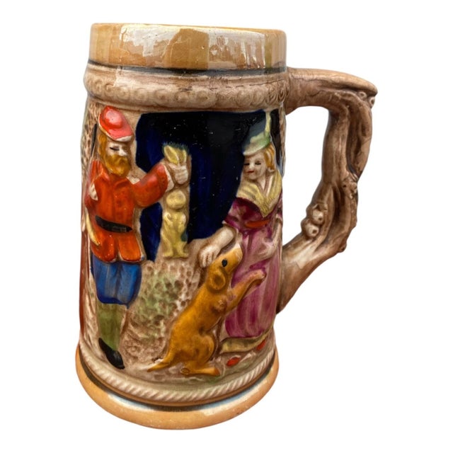 Vintage German Style Beer Stein Pair Lidded Ceramic Hand Painted Folk Scene Mug For Sale - Image 10 of 13