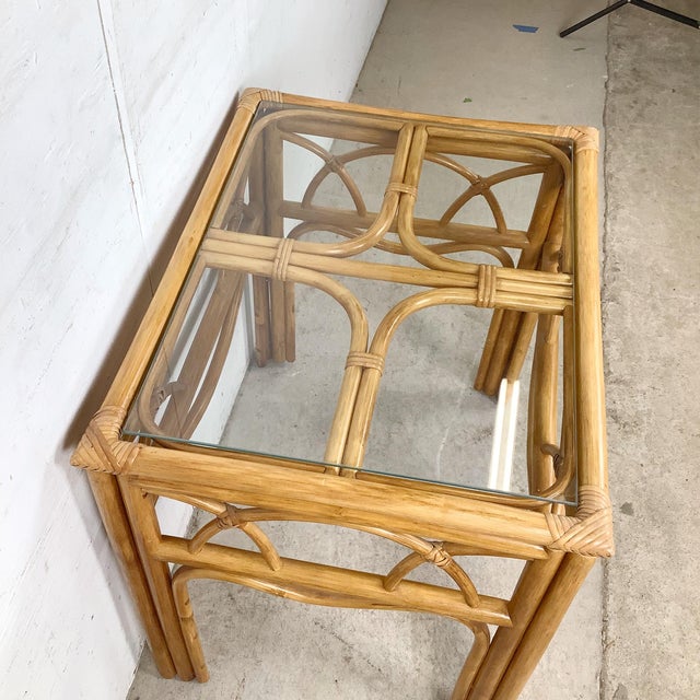 Wood Vintage Bent Rattan & Glass Side Table With Arch Apron Detail, Circa 1970s–1980s For Sale - Image 7 of 12
