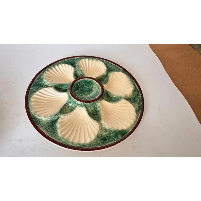 19th Century Green, White & Brown Glaze Majolica Oyster Plates, Set of 4 For Sale - Image 5 of 14