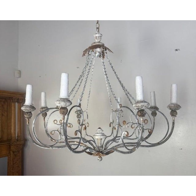 Rustic European Iron Chandelier With Distressed Whitewash Finish by Miamar Home For Sale - Image 3 of 12