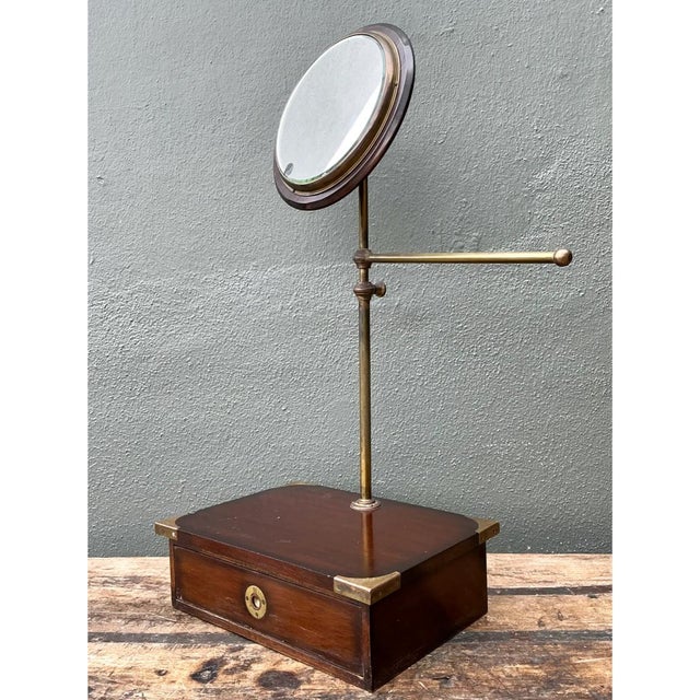 Wood Vintage Brass and Wood Campaign Vanity Mirror For Sale - Image 7 of 12