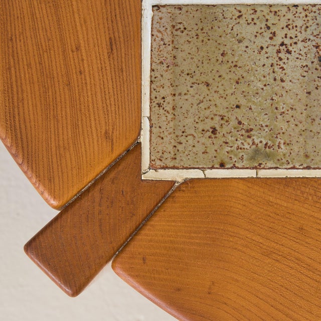 French Elm + Ceramic Round Coffee Table by Maison Regain, 1960s For Sale - Image 10 of 11