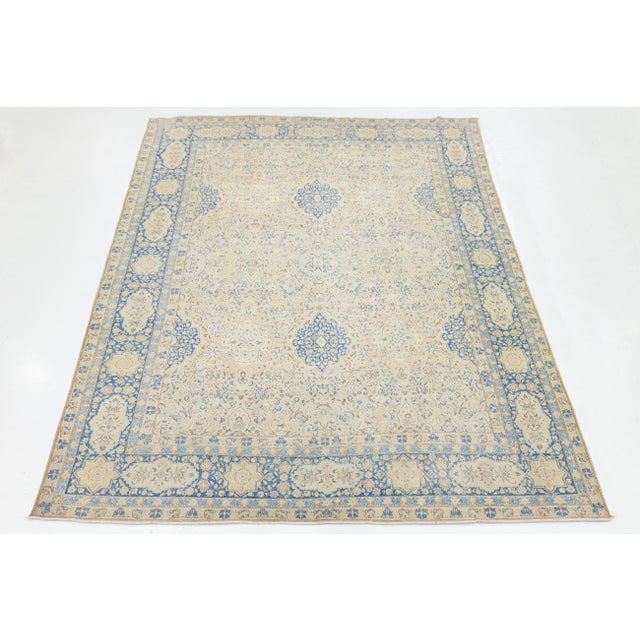 Ivory Antique Persian Kerman Wool Area Rug - Pale Blue and Ivory Medallion 10x15 For Sale - Image 8 of 11