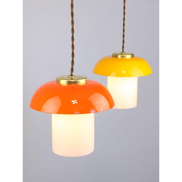 Mid-Century Glass and Brass Mushroom Pendant Lamps, Set of 3 For Sale - Image 4 of 17