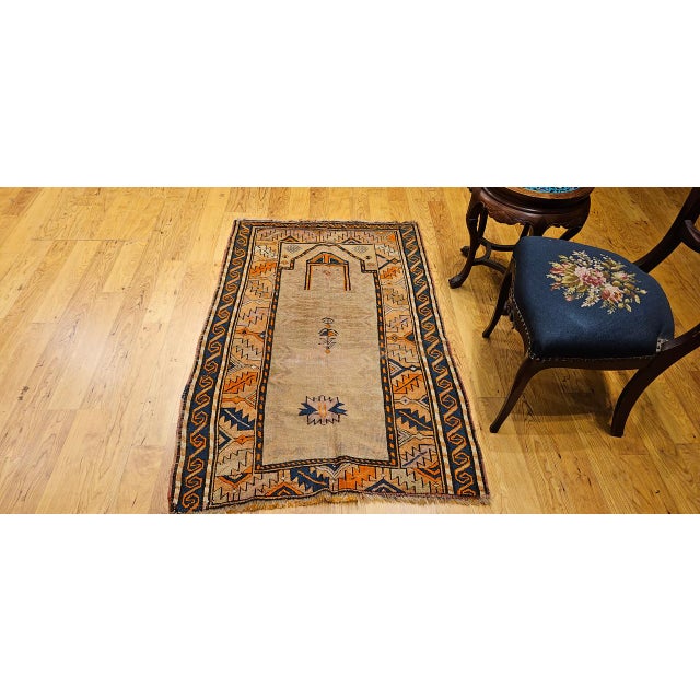 Vintage Persian Kurdish Tribal Area Rug, Hand-Knotted Prayer Pattern, 3x5, Camelhair & Brick Red For Sale - Image 15 of 15