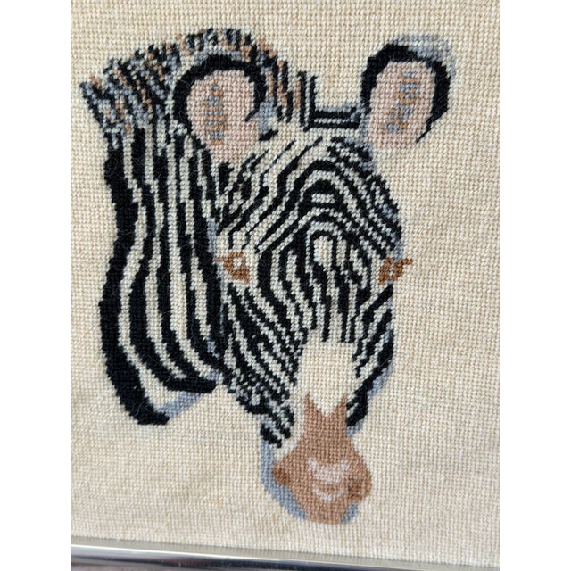 1970s Vintage Needlepoint Zebra & Giraffe Framed Wall Art – Set of Two For Sale - Image 5 of 12