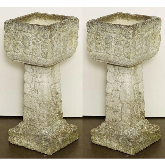 English Square Pedestal Garden Planters With Cobblestone Relief (Four Available) For Sale - Image 11 of 12