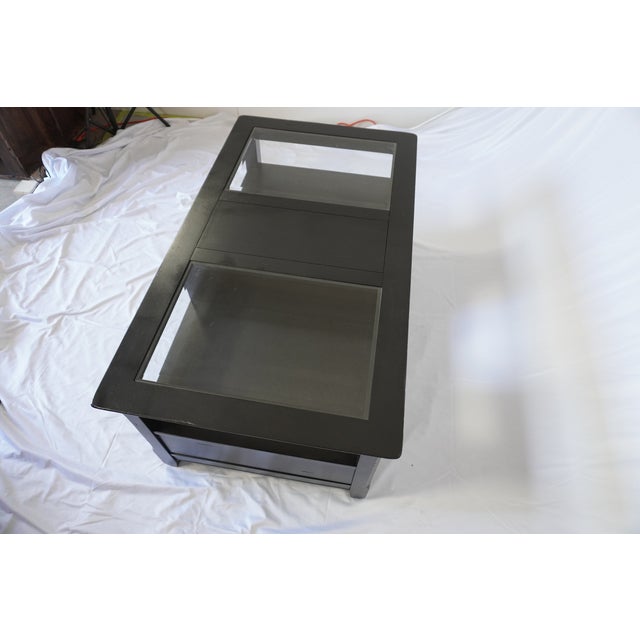 Modern Black Coffee Table – Glass Top, 2 Drawers, Freshly Refinished For Sale In Los Angeles - Image 6 of 11