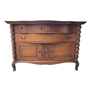 Antique Tiger Oak Buffet / Sideboard, Featuring Barley Twist Columns and Serpentine Front For Sale