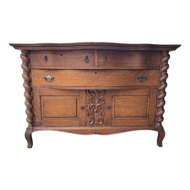 Antique Tiger Oak Buffet / Sideboard, Featuring Barley Twist Columns and Serpentine Front For Sale