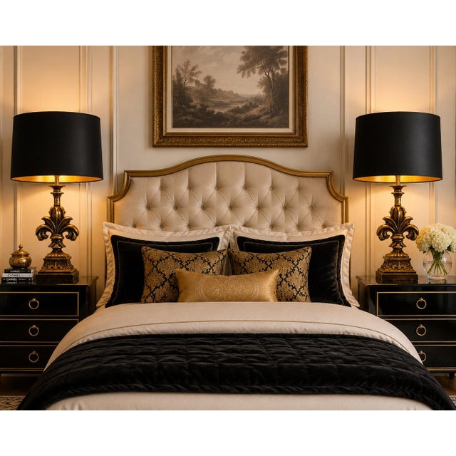 Late 20th Century Late 20th Century Pair of Gilded Fleur-De-Lis Table Lamps With Black & Gold Drum Shades For Sale - Image 5 of 6