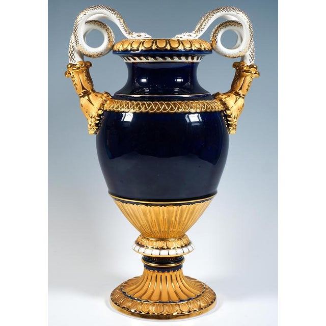 Baroque 20th Century Snake Handle Vase Cobalt with Flower Painting and Gilding from Meissen, 20th, 1992 For Sale - Image 3 of 7