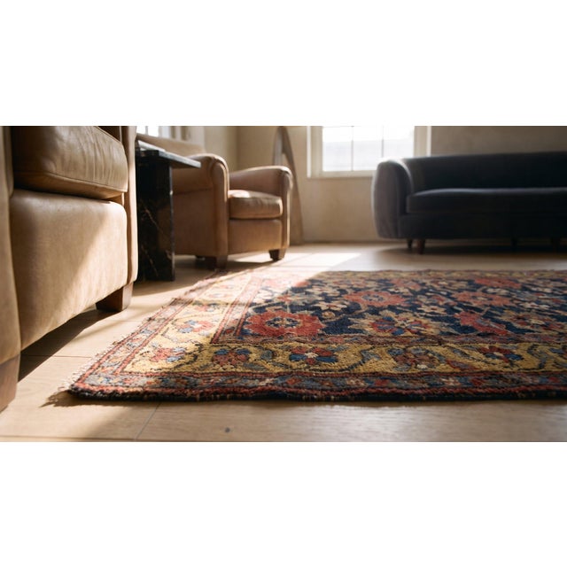 1870s Blue Navy Floral Antique Persian Kurdish Rug 3'4" X 15'9" Handknotted Wool Carpet For Sale - Image 9 of 9