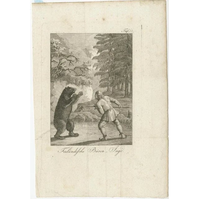This rare pair of antique engravings presents dramatic scenes of bear hunting in Northern and Eastern Europe, capturing...