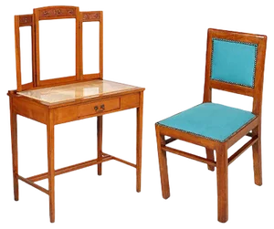 Art Nouveau Cherry & Marble Dressing Table with Mirror and Chair, Set of 3