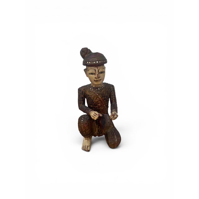 Printmaking Materials Early 20th Century Hand-Carved Chinese Wooden Figural Sculpture of Seated Musician With Tambourine-Style Instrument For Sale - Image 7 of 12
