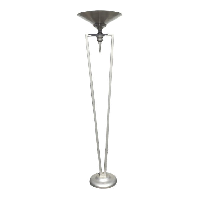 72" Tall Vintage Postmodern Silver Torchiere Floor Lamp For Sale