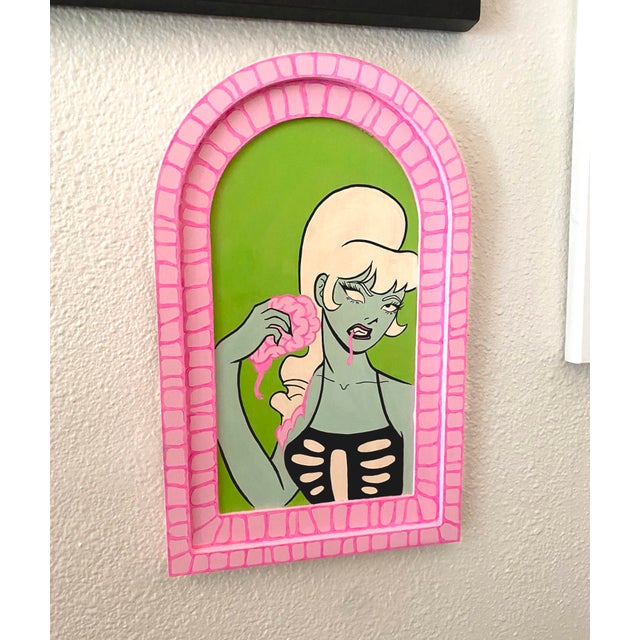 Zombie by Katie Mansfield | Acrylic on wood depicting a zombie woman with pink hair and a skeleton shirt. For Sale - Image 4 of 4