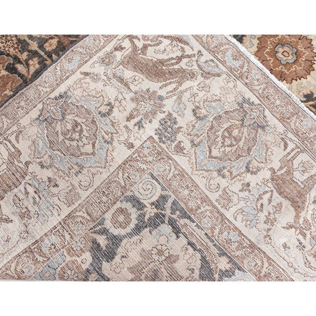 19th Century Persian Tabriz Dark Brown, Beige and Blue Handwoven Wool Rug For Sale - Image 4 of 12