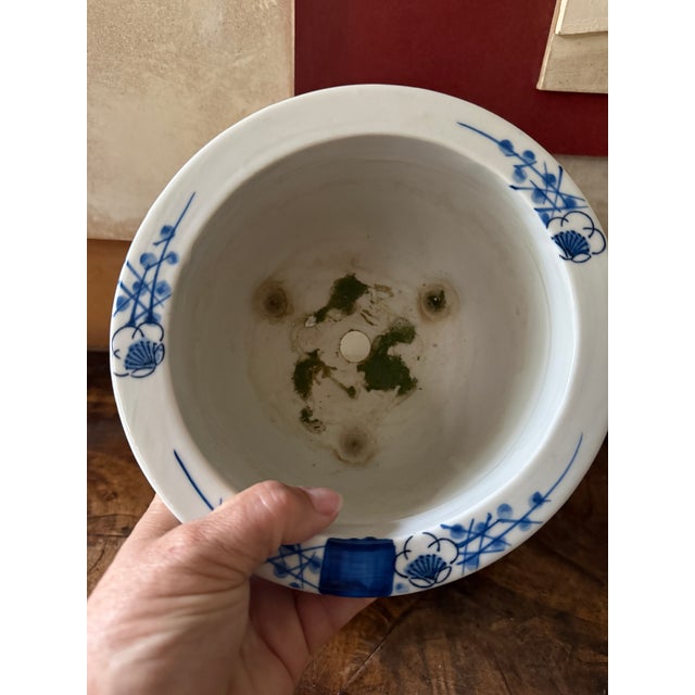 This charming blue and white ceramic planter features a stylized cherry blossom motif that wraps continuously around the...