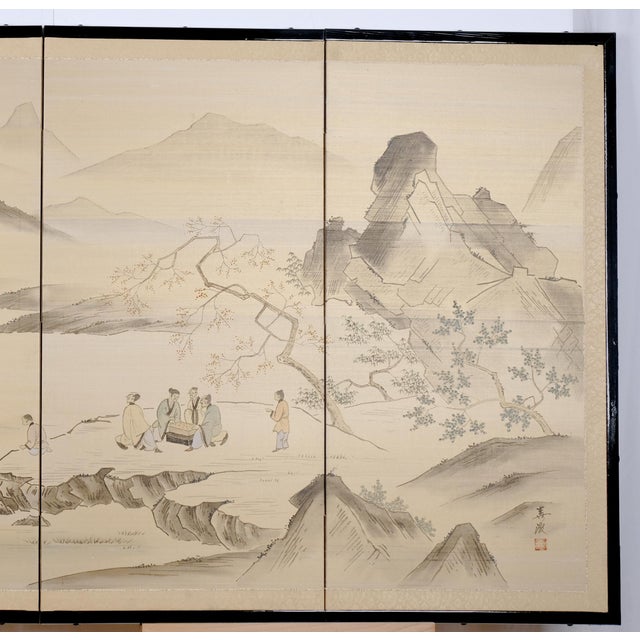 Mid 20th Century Japanese Byobu "A Lunch Gathering in Nature" Signed Chopmarked 4-Panel Silk Screen in Excellent Condition For Sale In San Diego - Image 6 of 9