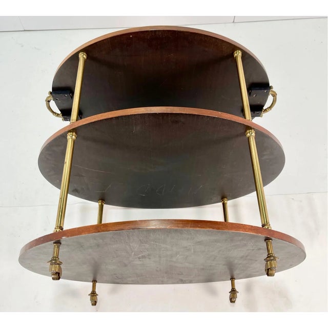 Vintage Burl Wood and Brass Oval Three-Tier Rolling Bar Cart or Serving Table For Sale - Image 12 of 13
