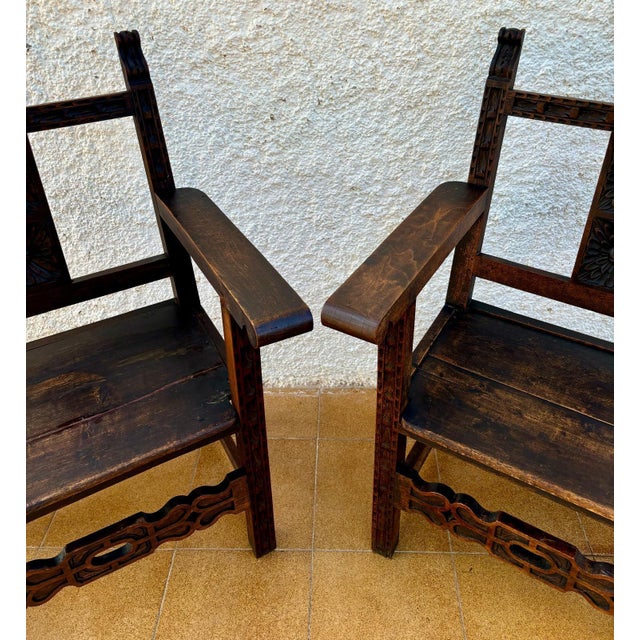 Spanish Set of 19th Century Spanish Colonial Carved Altar Armchairs with Wooden Seats For Sale - Image 3 of 18
