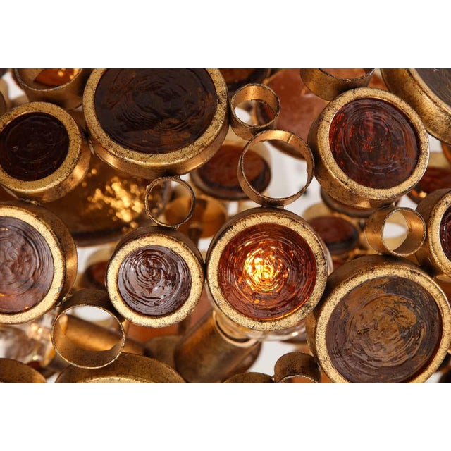 Brass and Amber Glass Disc Pendant Light, Mid-Century Modern Inspired For Sale - Image 4 of 5