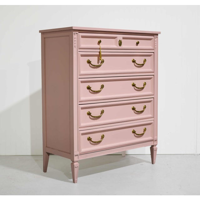 Transitional Mid Century Transitional Highboy Dresser in Pink- Newly Painted For Sale - Image 3 of 11