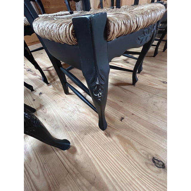 Country Style Ebonized Wood Ladderback Dining Chairs With Rush Seats -Set of 10 For Sale - Image 12 of 17