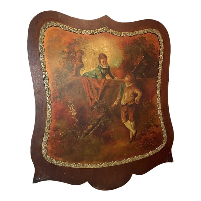 Antique 19th Century Original Boy Girl Landscape Oil Painting Wood Badge Panel For Sale