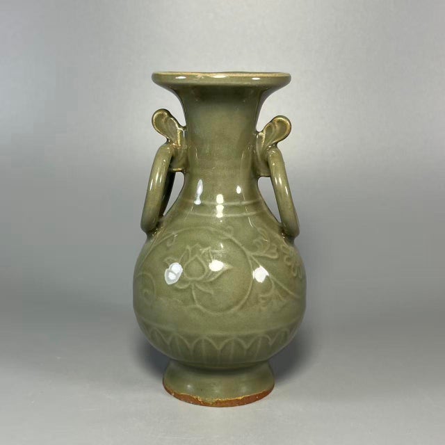 Art Deco Vintage Chinese Longquan Celadon Decorative Vase With Double Ears Ring, Oriental Classic Art Ceramic For Sale - Image 3 of 6