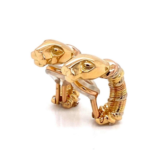 Gold Cartier Panthere 18k Tri-Color Gold Clip On Huggie Earrings w/Paper For Sale - Image 8 of 11