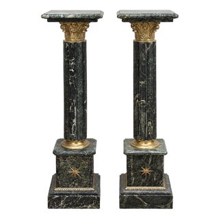 Neoclassical Marble Pedestal Set of 2 – Green Marble Column With Gold Leaf & Bronze Details For Sale