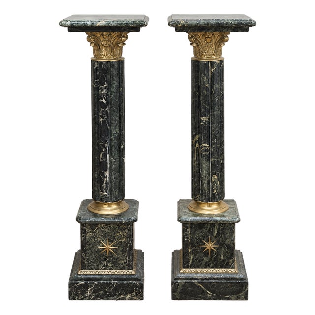 Neoclassical Marble Pedestal Set of 2 – Green Marble Column With Gold Leaf & Bronze Details For Sale