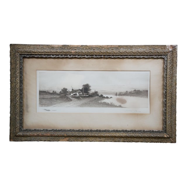 Antique Ernest C Rost Signed Riverscape Landscape Lighthouse Etching 34" For Sale