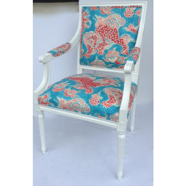Vintage C1920's-30's French Neoclassical Kiln Dried Arm Chair Upholstered in Chinoiserie "Dragon Motif" Linen Textile For Sale - Image 11 of 11
