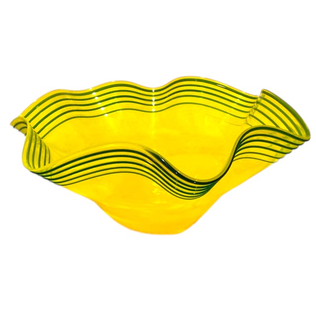 Mid-Century Modern Blenko Centerpiece Bowl Large 16" Art Glass Yellow Green Threaded Large Signed Walter Blenko For Sale - Image 3 of 11