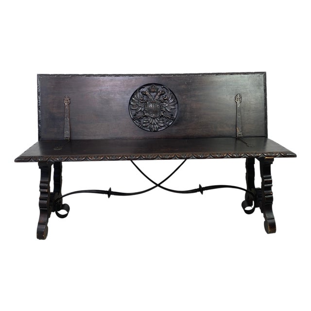 Spanish Renaissance Carved Chestnut and Iron Bench, 19th Century For Sale
