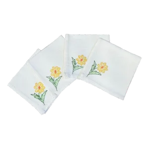 Vintage Embroidered Yellow Daisy Flower Linen Cocktail Napkins, Set/4