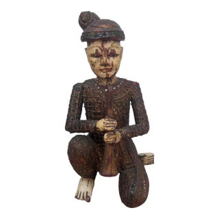 Mid 20th Century Hand-Carved Chinese Wooden Figural Sculpture of Seated Musician With Trumpet-Style Instrument For Sale