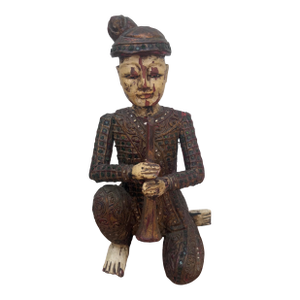 Mid 20th Century Hand-Carved Chinese Wooden Figural Sculpture of Seated Musician With Trumpet-Style Instrument